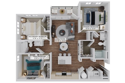 Floor plan for 3 beds, 2 baths, 1259 sqft